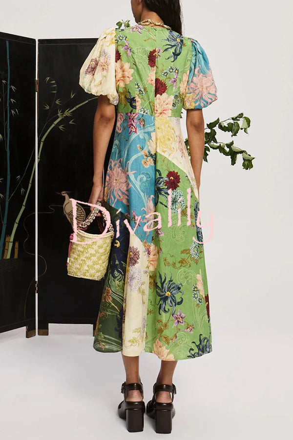 Floral Print Round Neck Puff Sleeve Casual Midi Dress