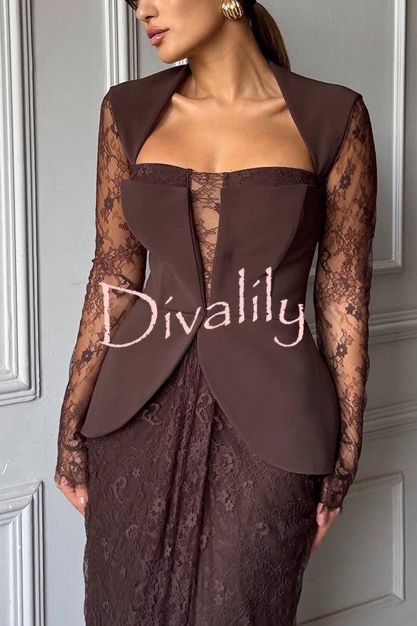 Belle Contrast Sheer Lace Fabric Patchwork Square Neck Long Sleeve Drape Maxi Dress