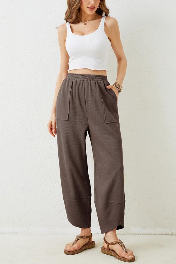 Solid Color Casual Elastic Waistband Wide-leg Pants