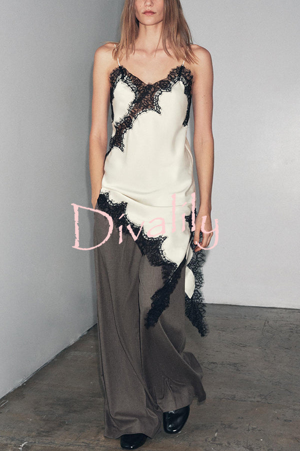 Satin Lace Trim V-neck Asymmetrical Hem Slip Mini Dress