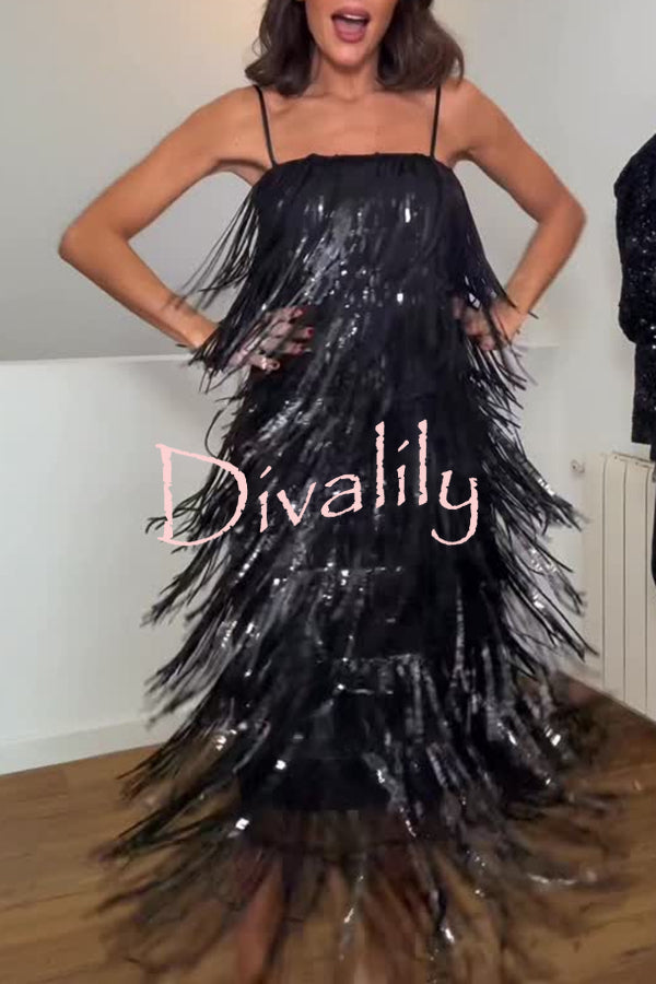 Chic Celebration Layered Sequined Tassels Slip Strapless H-line Midi Dress