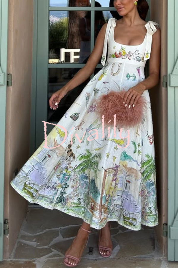 Euro Summer View Linen Blend Unique Print Tie-up Straps Pocket Midi Dress