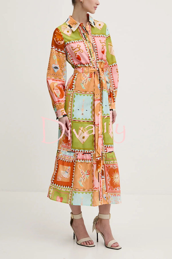 Linen Blend Unique Printed Long Sleeve Lapel Tie-waist Midi Dress