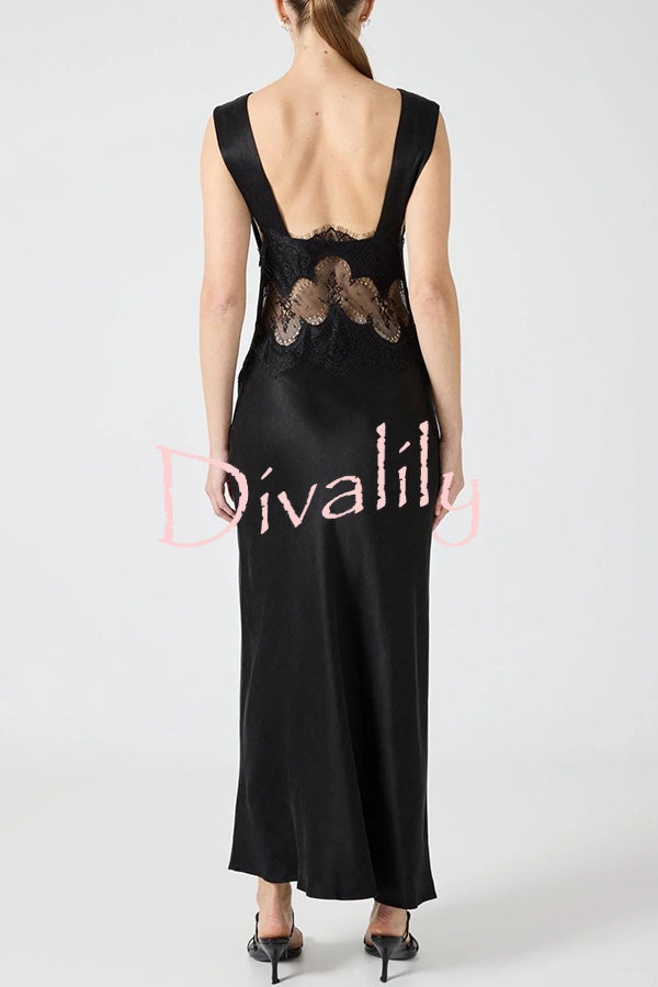 Wonderful Fusion Satin Lace Trim See-through Waist V-neck Drape Maxi Dress