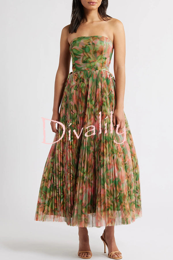 Romantic Factor Pleated Mesh Watercolor Print Bow Detail Strapless Maxi Dress