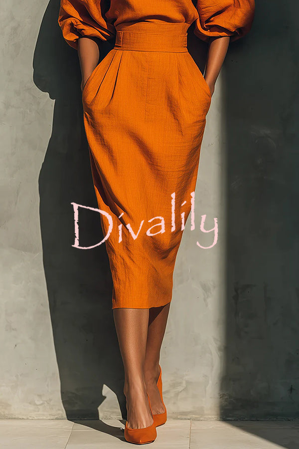 Linen Blend Round Neck Balloon Sleeve Top and High Waist Casual Pocket Midi Skirt Set