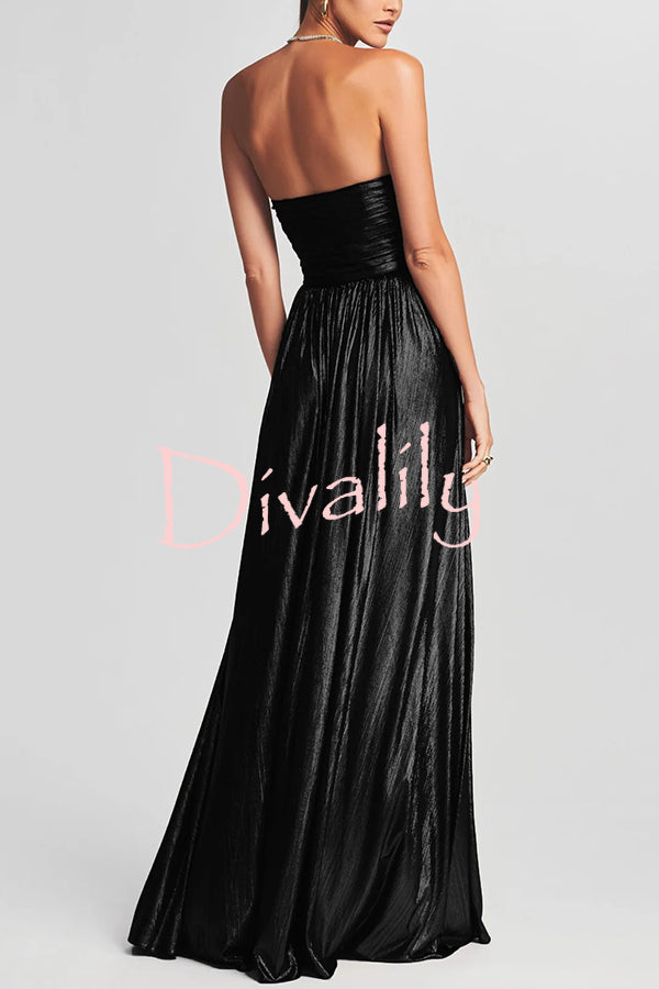 Goddess Temperament Metallic Pleated Fabric Off Shoulder Slit Maxi Dress