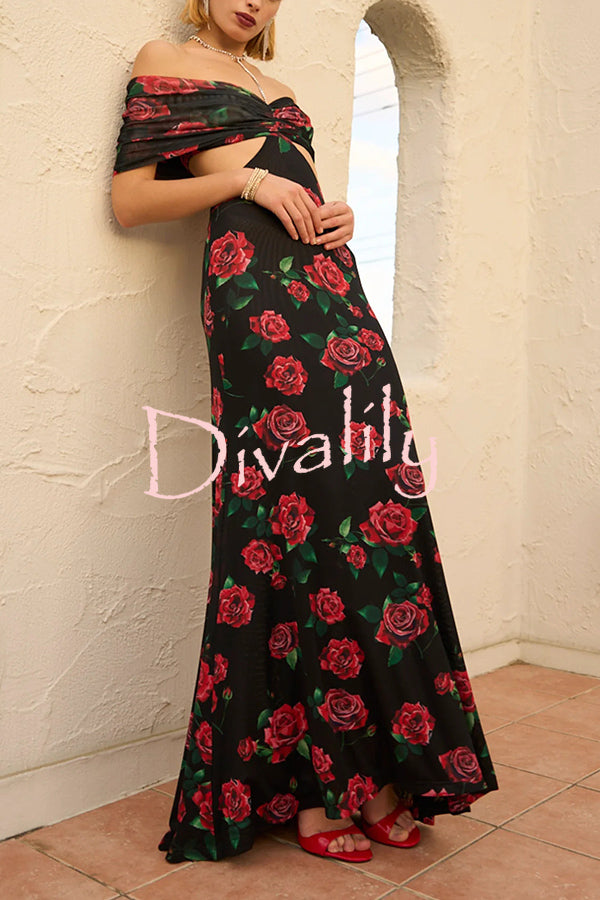 Rose Print Sexy Strapless Backless Slim Maxi Dress