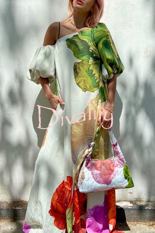 Floral Print Slant Collar Puff Sleeves Loose Holiday Maxi Dress