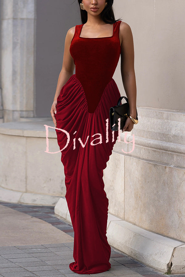 Fashionable Velvet Patchwork Square Neck Sleeveless Draped Maxi Dress