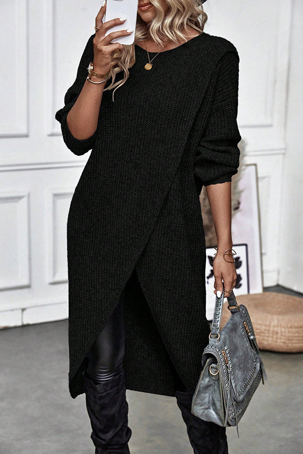 Solid Color Round Neck Long Sleeve Loose Slit Knitted Sweater