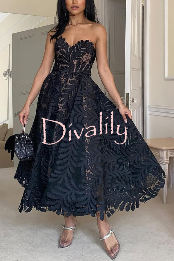 Elegant Openwork Lace Strapless Full-hem Midi Dress