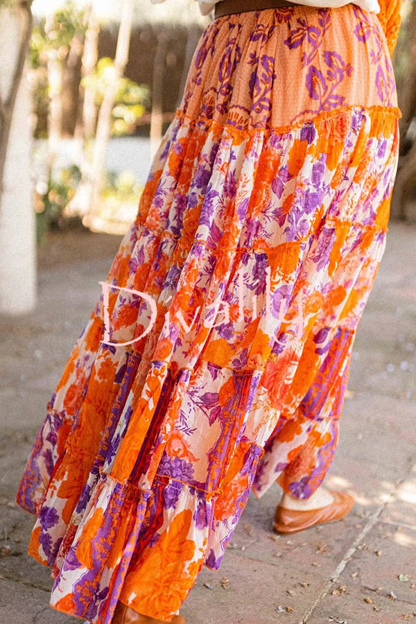 Resort Style Floral Print Elastic Waist Loose Stitching Maxi Skirt