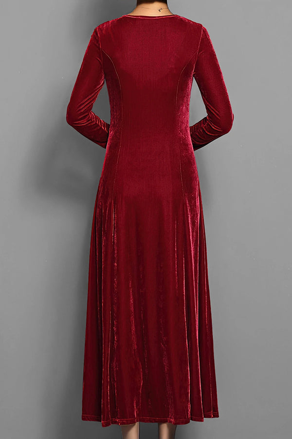 Solid Color Velvet Round Neck Long Sleeve Slim Midi Dress