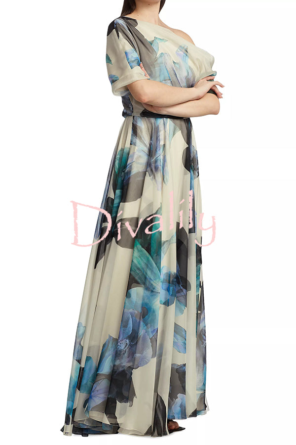 Unique Printed Bohemian Short-sleeved One-shoulder Maxi Dress