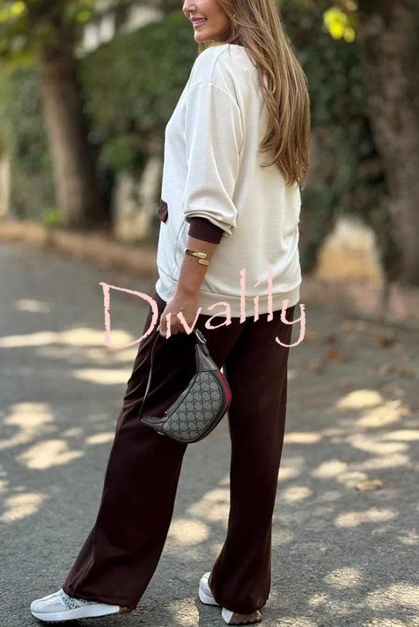 Stylish Color-blocked V-neck Knitted Button-down Cardigan and Elastic Waist Casual Wide-leg Pants Set