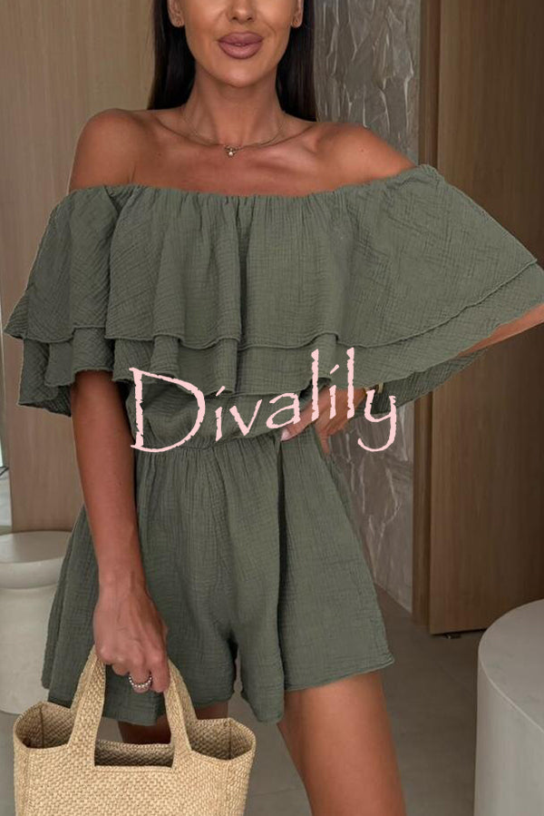 Solid Color Off-shoulder Ruffled Casual Waist Rompers