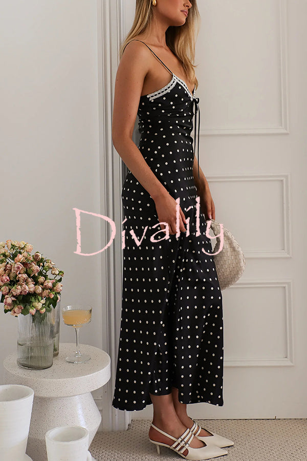 Polka Dot Print Sleeveless Patchwork Lace-up Midi Dress