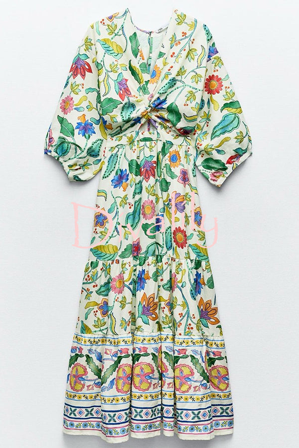 Botanical Floral Print V-neck Cutout Lace-up Elastic Waist Maxi Dress