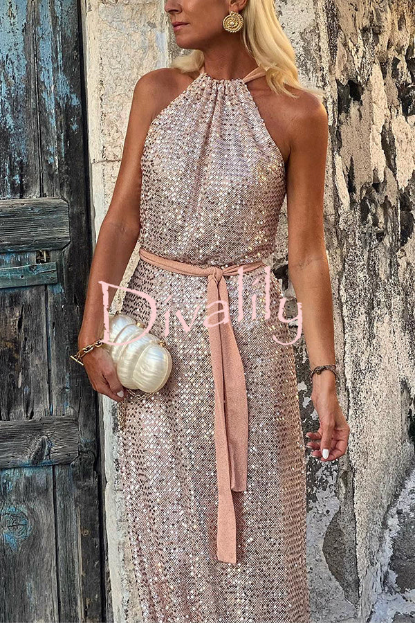 Evenings on The Island Sequin Halter Neck Belted Loose Maxi Dress