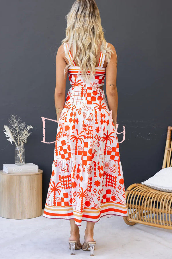 Unique Print Waist Cutout Back Gathered Suspender Maxi Dress