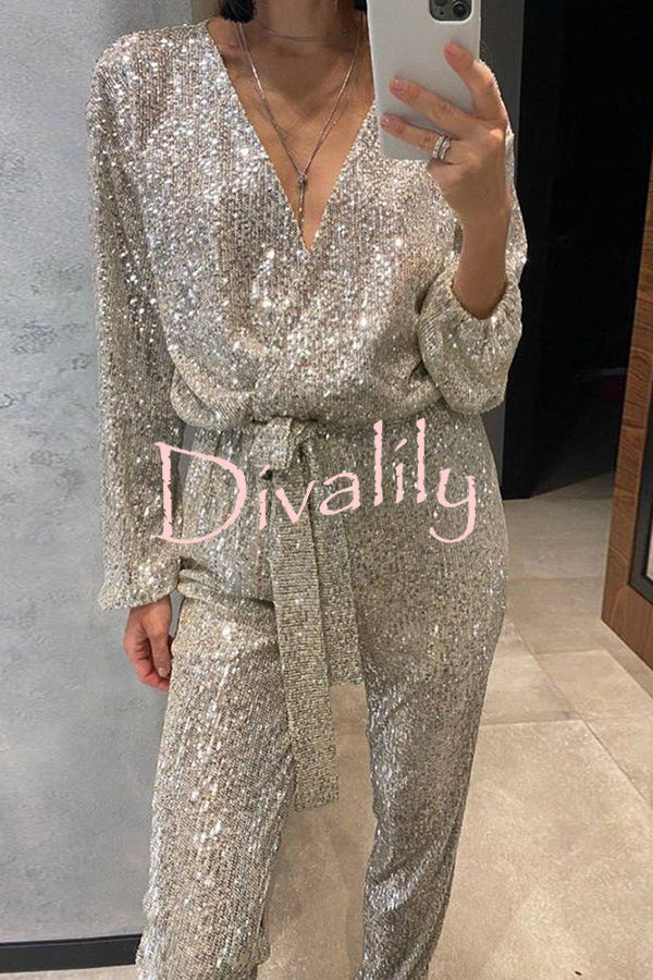 Cheers To You Sequin Long Sleeve Belted Wrap Loose Jumpsuit