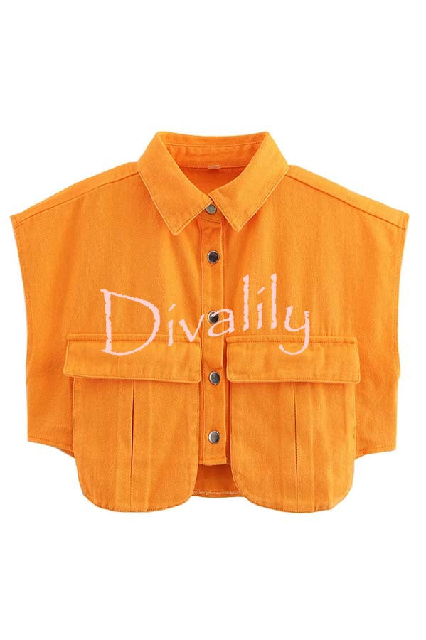 Stylish Weekend Denim Button Up Cape Sleeve Pocket Crop Top