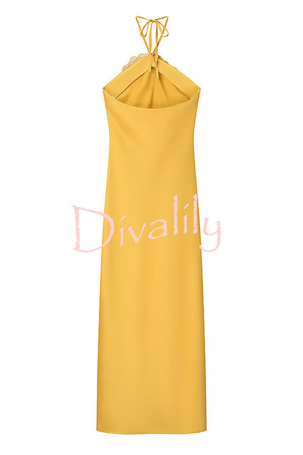 Fashionable Beaded Large Flower Decoration Halter Neck Backless Maxi Dress