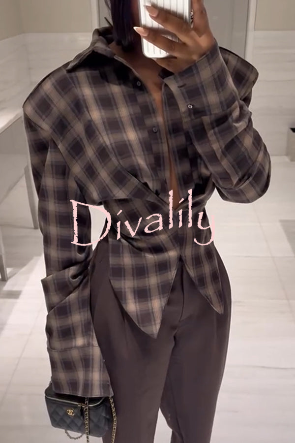 Vintage Plaid Shoulder Pad Buttons Long Sleeve Angled Hem Shirt
