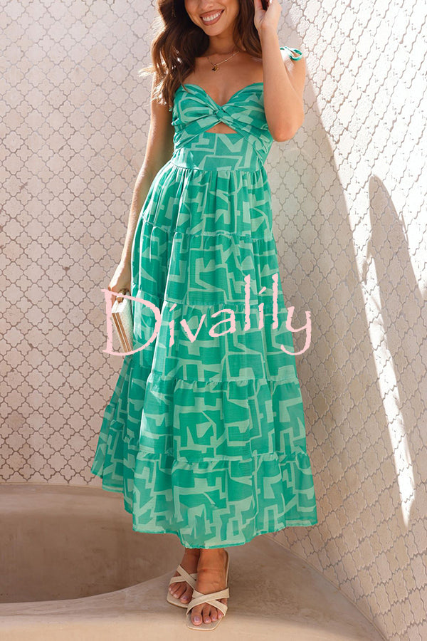 Unique Printed Suspender Tie Back Pleated Midi Dress