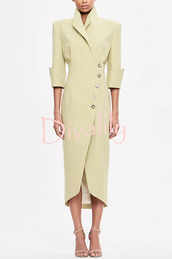 Elegant Look Linen Blend Stand Lapel Neck Half Sleeve Side Button Midi Dress