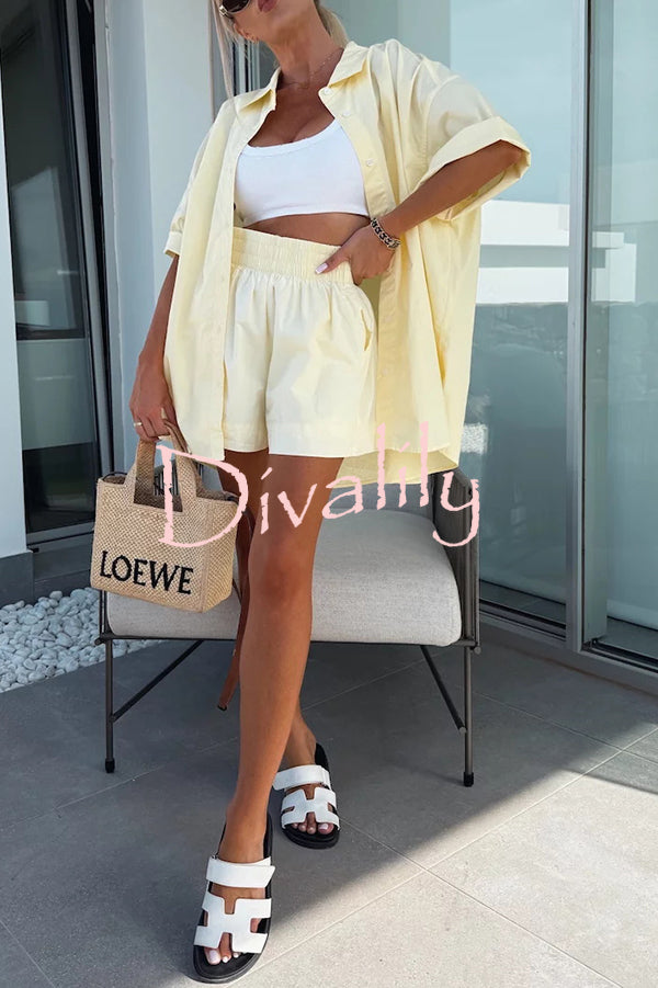 Summer Casual Loose Short-sleeved Shirt and Elastic High Waist Shorts Set
