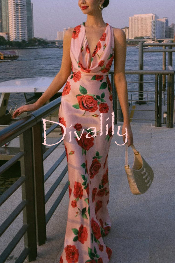 Rose Print Sexy Halter Neck Strappy Backless Slim Fit Maxi Dress