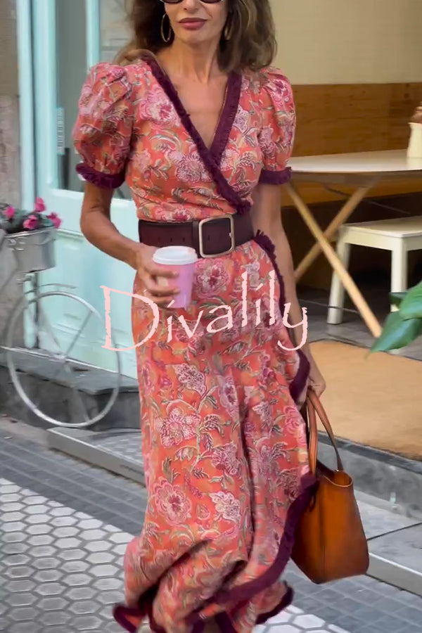 Bohemian Floral Print Elegant Puff Sleeve Holiday Maxi Dress