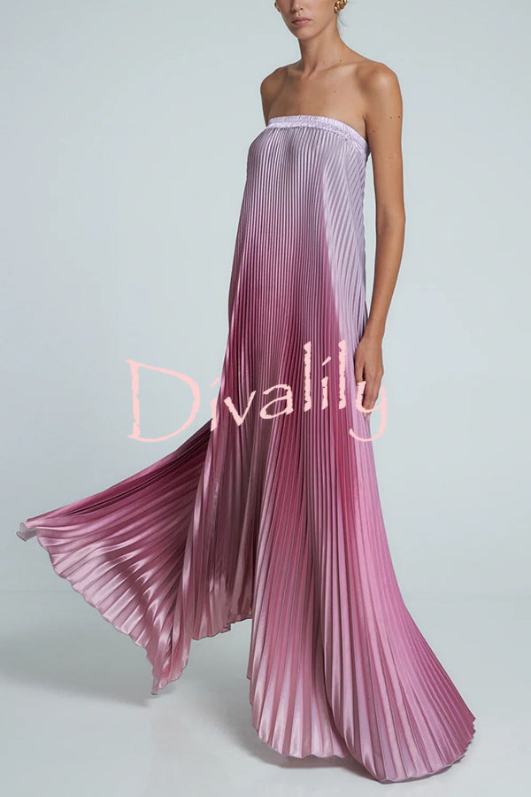 Gorgeous Styling Satin Pleated Elastic Bust Strapless A-line Gown Maxi Dress