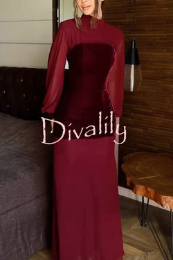Hildie Chiffon and Two-piece Velvet Lace-up Bra High Neck Long Sleeve Maxi Dress