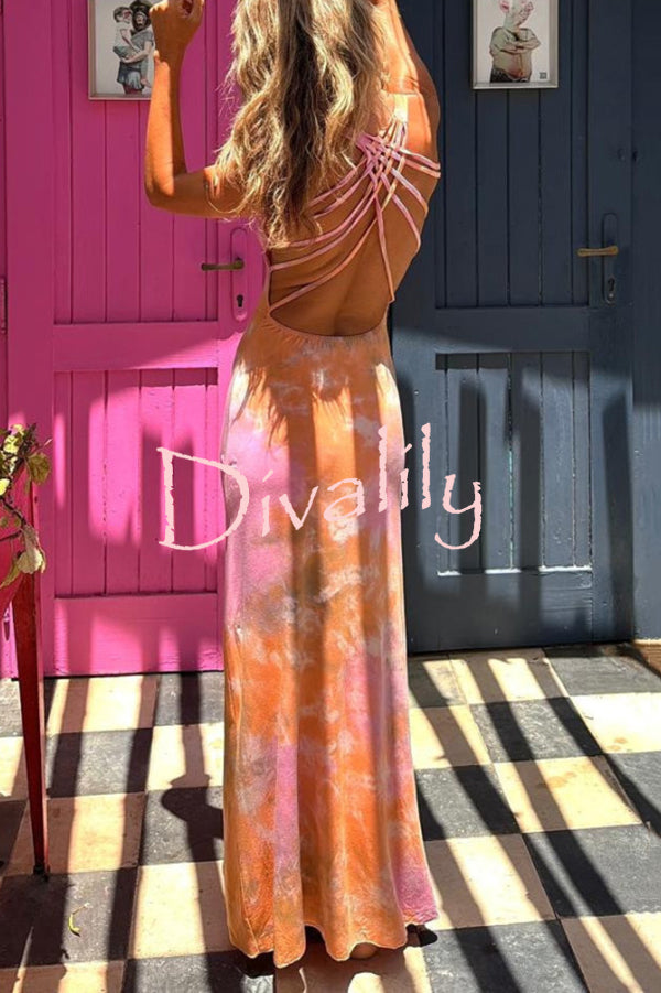 Summer Adventures Tie-dye Print Back Lace-up Stretch Maxi Dress