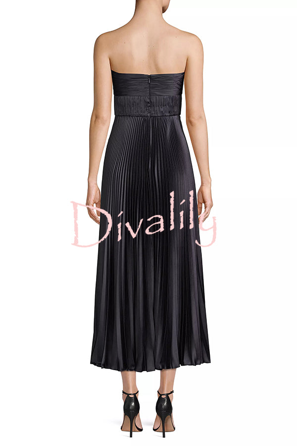 Love Note Satin Sweetheart Twist Off Shoulder Pleated Maxi Dress