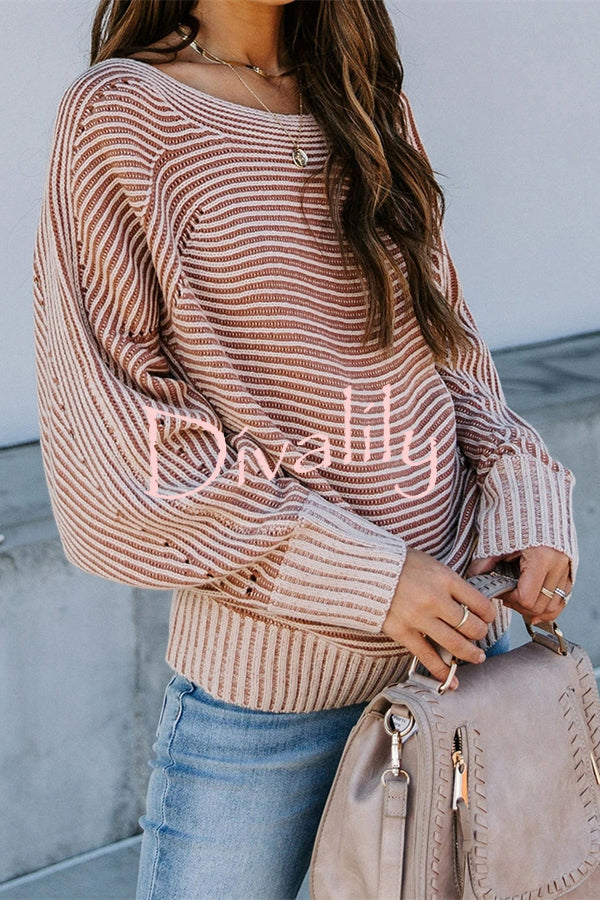 Knitted Striped Round Neck Dolman Sleeve Casual Loose Sweater