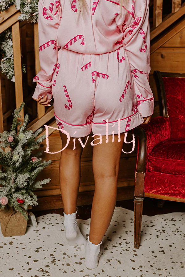 Candy Cane Kisses Satin Printed Elastic Waist Pocket Pajama Shorts Set