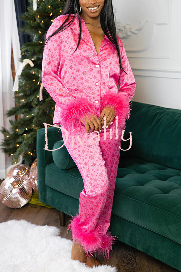 Christmas Besties Party Printed Feather Trim Elastic Waist Pocketed Pajama Set