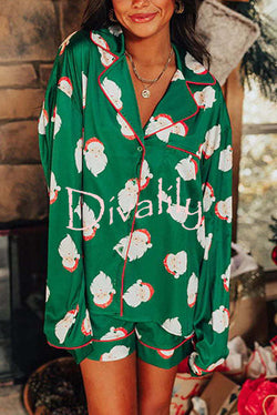 Dear Santa Satin Printed Elastic Waist Pocket Pajama Shorts Set