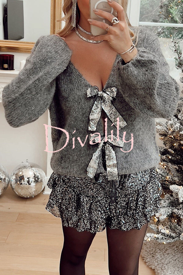 Misty Starlight Tie Front Sequin Bow Loose Sweater