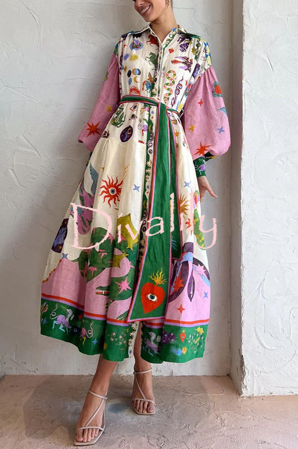 Effortless and Playful Unique Print Balloon Sleeve Shirt Midi Dress