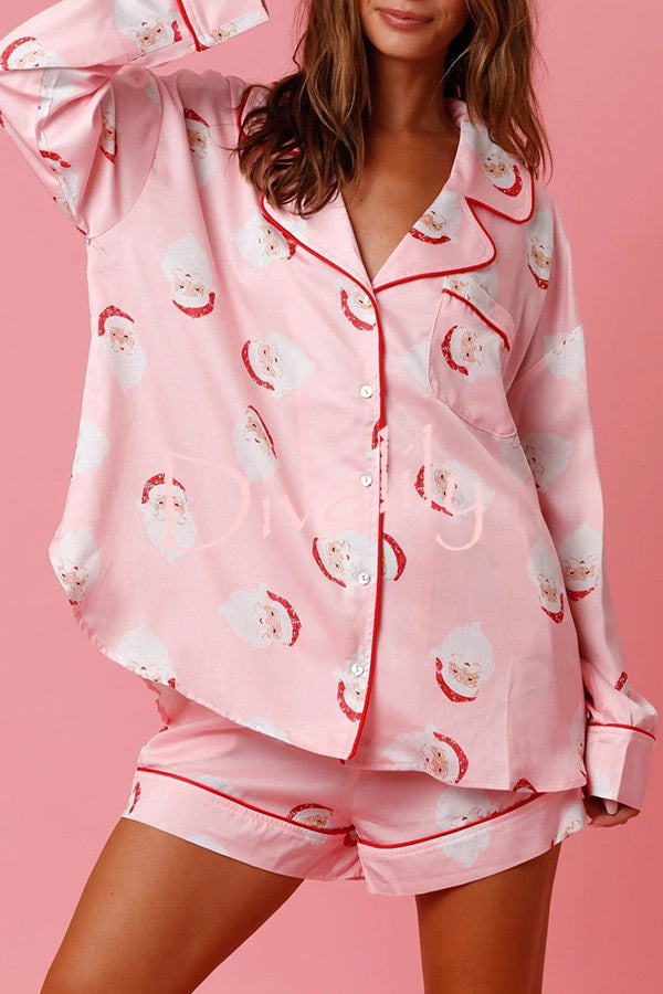 Dear Santa Satin Printed Elastic Waist Pocket Pajama Shorts Set