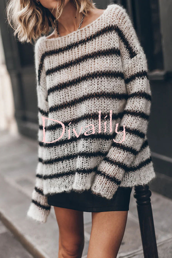 Time for Warmer Layers Fluffy Stripes Relaxed Knit Sweater