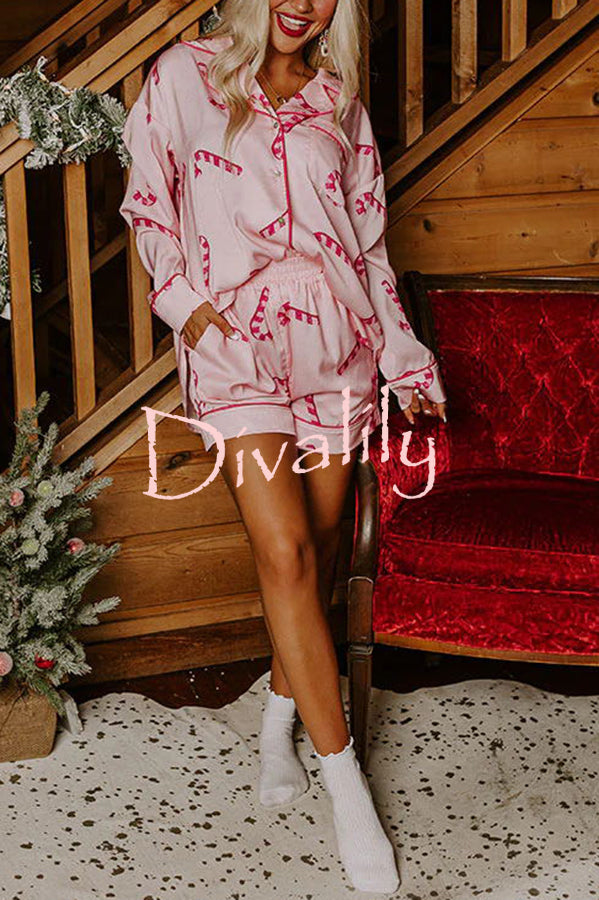 Candy Cane Kisses Satin Printed Elastic Waist Pocket Pajama Shorts Set