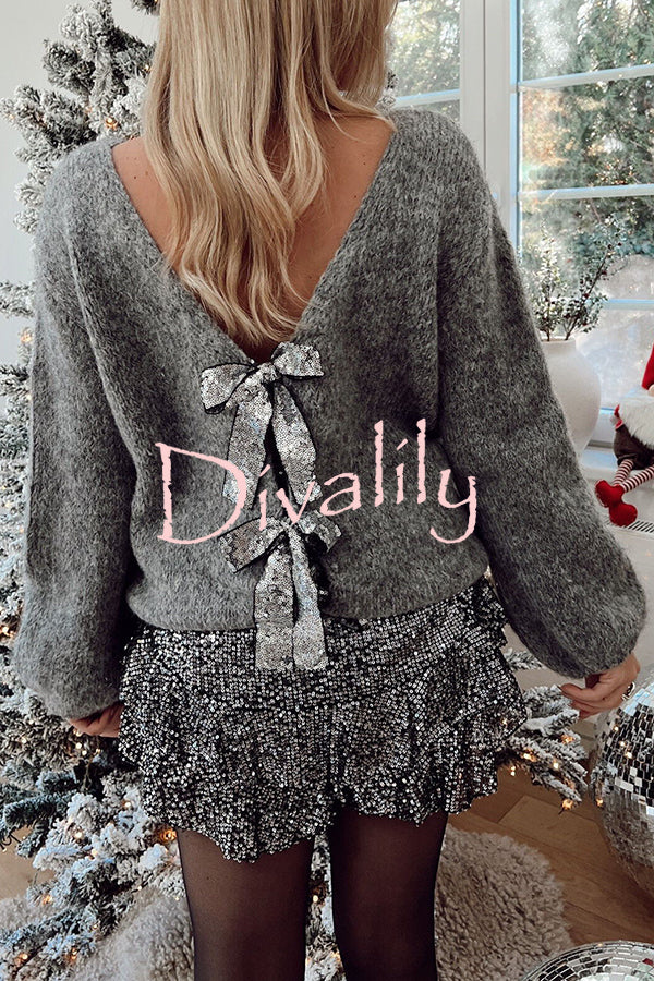 Misty Starlight Tie Front Sequin Bow Loose Sweater