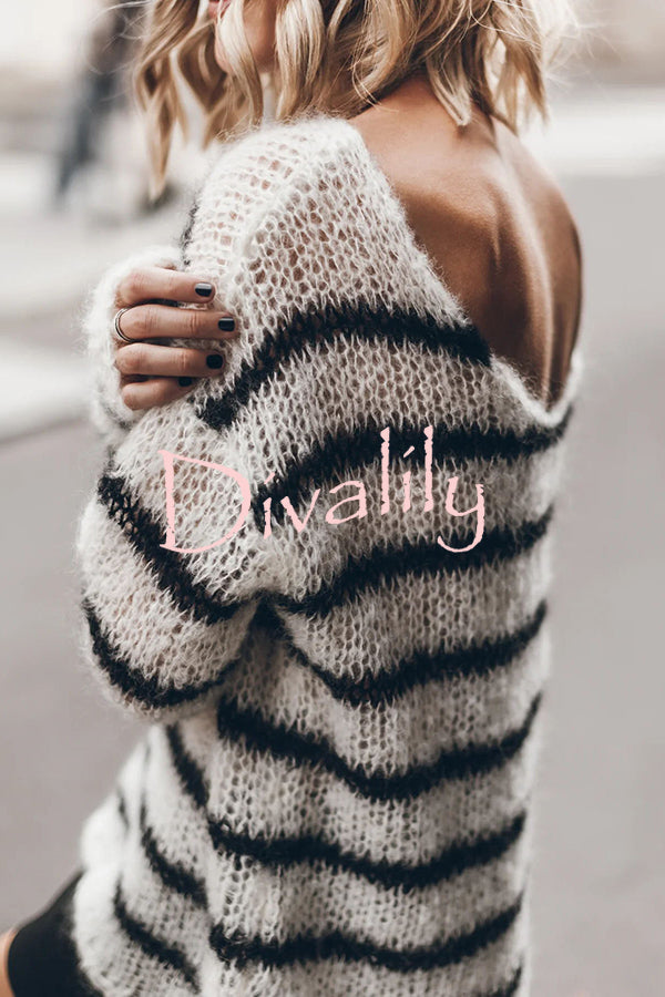 Time for Warmer Layers Fluffy Stripes Relaxed Knit Sweater