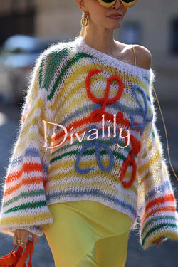 Sunset Cosy Knit Rainbow Contrast Striped Hollow Out Loose Sweater